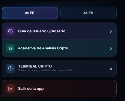 Menú de configuración, guía de usuario y academia cripto - Terminal Cripto